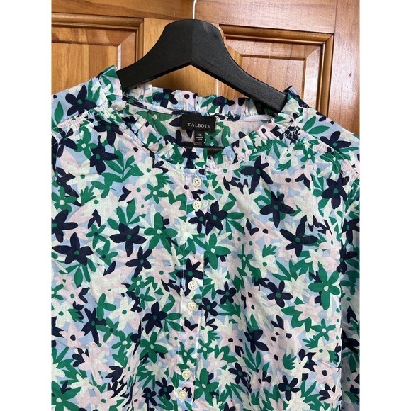 NWT Talbots Floral Lightweight Button Up Green Blue Blouse XL Office Dressy - Picture 2 of 8